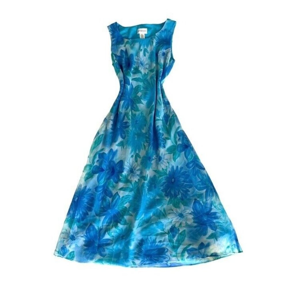 Vintage floral blue maxi dress. Sheer fabric with lining. Size 10.
